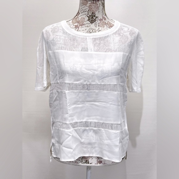 🛍️METAPHOR White sheer stripe short‎ sleeve top size M - Picture 1 of 13